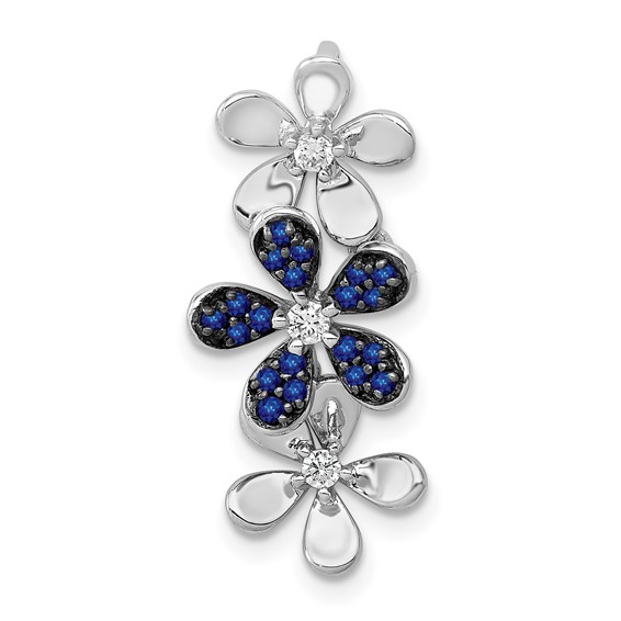 14k White Gold with Black Rhodium Diamond and Sapphire Three Flowers Chain Slide