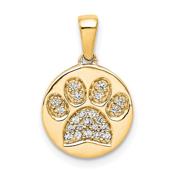14k Yellow Gold Diamond Paw Print in Circle Pendant