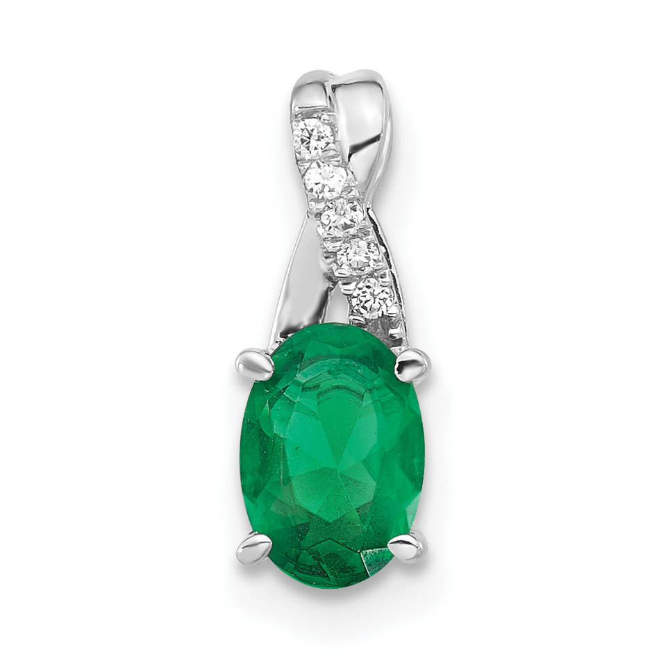 14K White Gold Oval Created Emerald and Diamond Pendant (PM4235-CEM-003-WA)