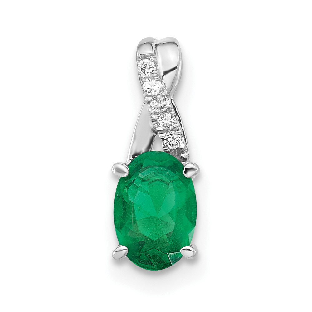14K White Gold Oval Created Emerald and Diamond Pendant (PM4235-CEM-003-WA)