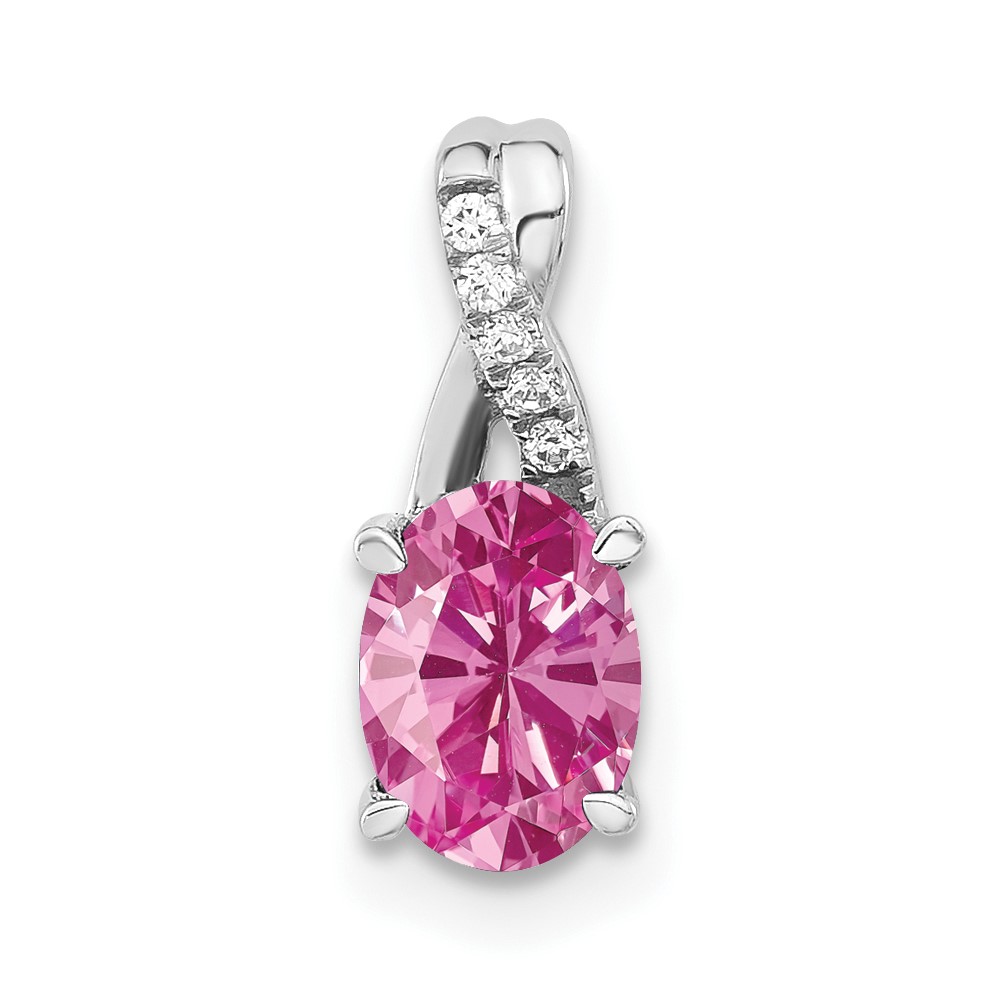 14K White Gold Oval Created Pink Sapphire and Diamond Pendant (PM4235-CPS-003-WA)