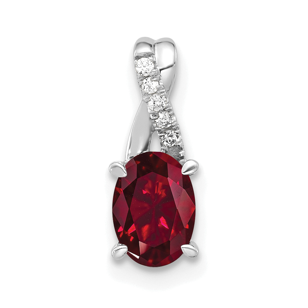 14K White Gold Oval Created Ruby and Diamond Pendant (PM4235-CRU-003-WA)