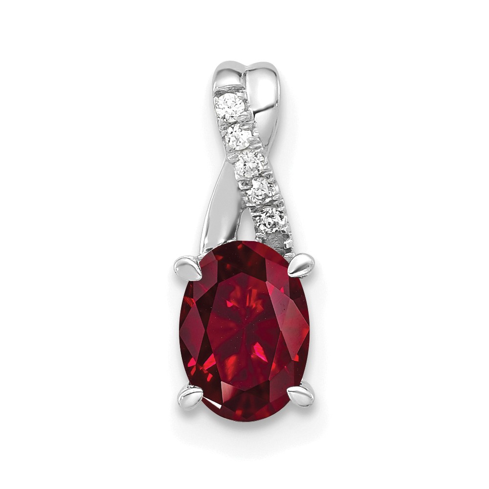 14K White Gold Oval Created Ruby and Diamond Pendant (PM4235-CRU-003-WA)