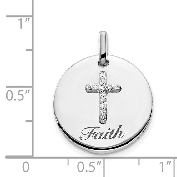 14k White Gold Diamond Cross FAITH Round Pendant