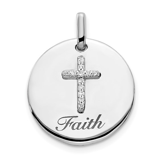 14k White Gold Diamond Cross FAITH Round Pendant