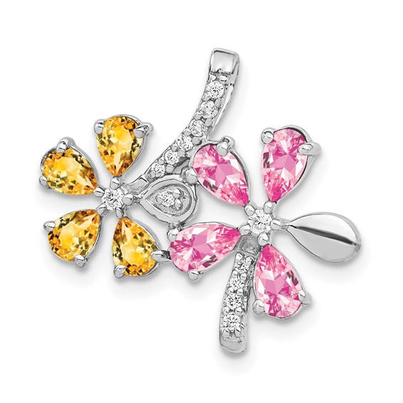 Pear Pink Tourmaline, Citrine, & Diamond Flower Pendants