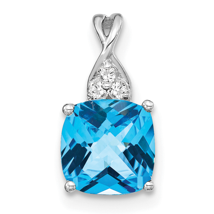 14K White Gold Checkerboard Blue Topaz and Diamond Pendant (PM4393-BT-003-WA)