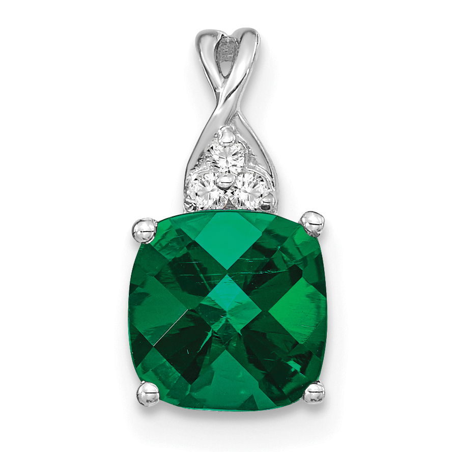 14K White Gold Checkerboard Created Emerald and Diamond Pendant (PM4393-CEM-003-WA)