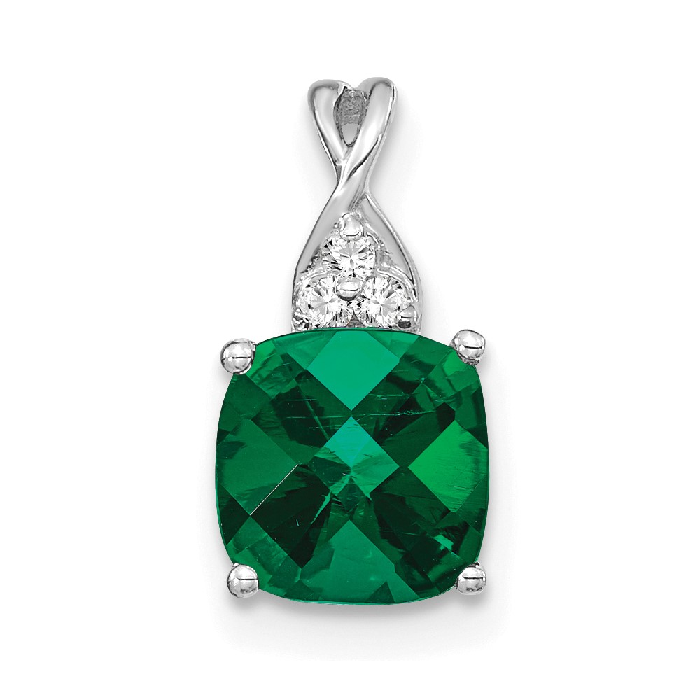 14K White Gold Checkerboard Created Emerald and Diamond Pendant (PM4393-CEM-003-WA)