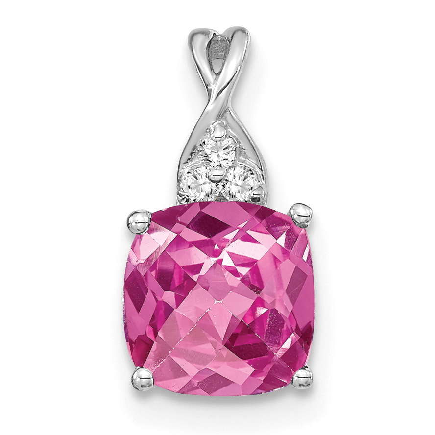 14K White Gold Checkerboard Created Pink Sapphire and Diamond Pendant (PM4393-CPS-003-WA)