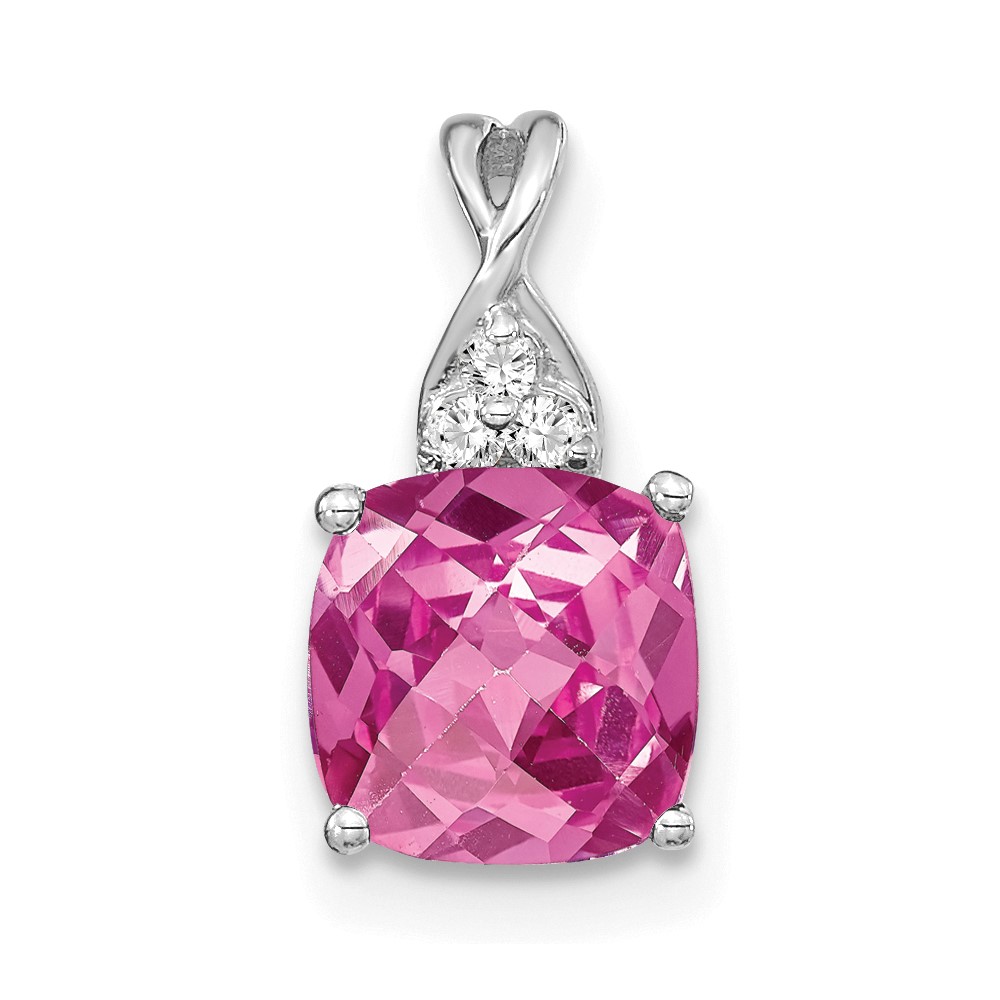 14K White Gold Checkerboard Created Pink Sapphire and Diamond Pendant (PM4393-CPS-003-WA)
