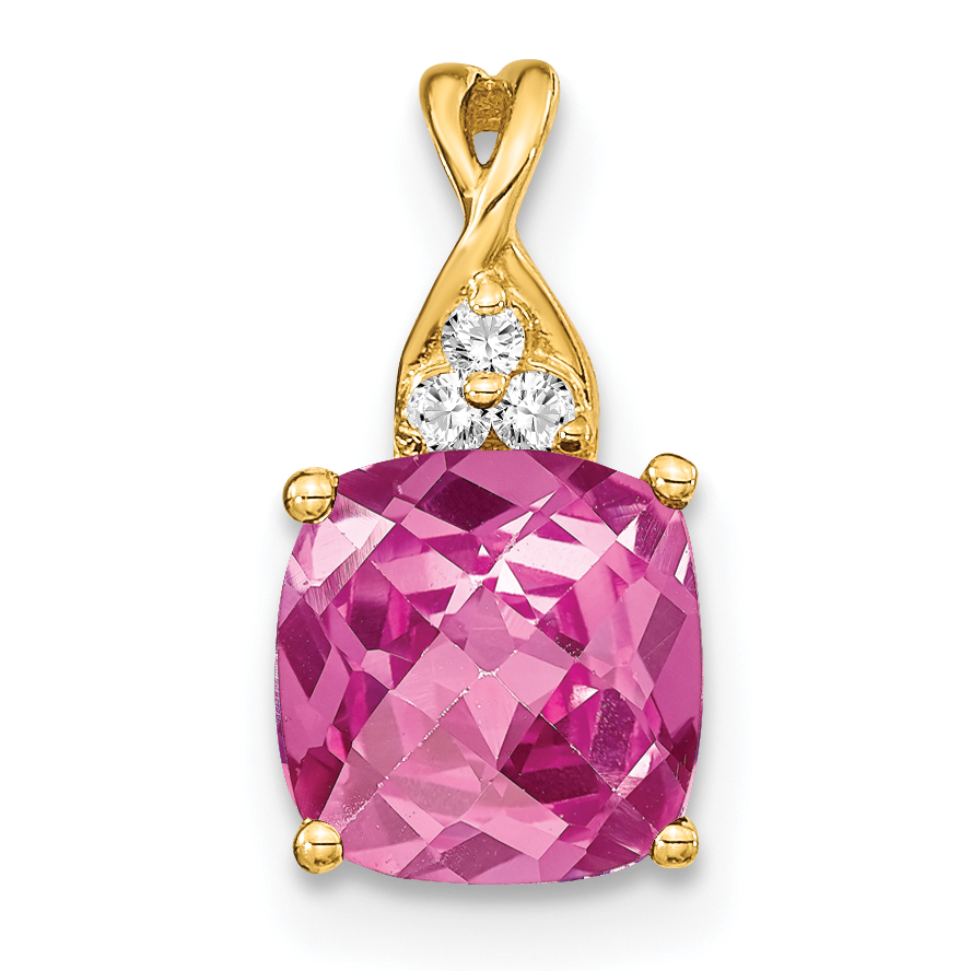14k Checkerboard Created Pink Sapphire and Diamond Pendant (PM4393-CPS-003-YA)