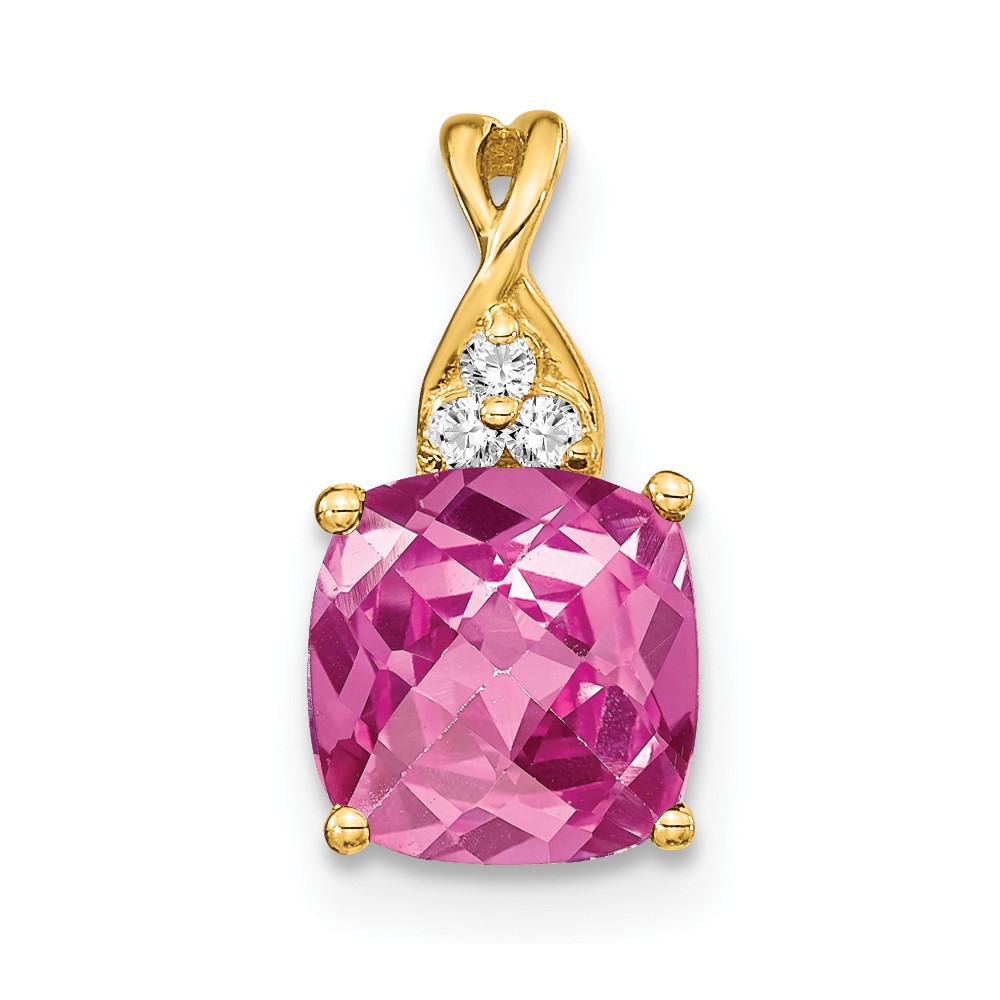 14k Checkerboard Created Pink Sapphire and Diamond Pendant (PM4393-CPS-003-YA)