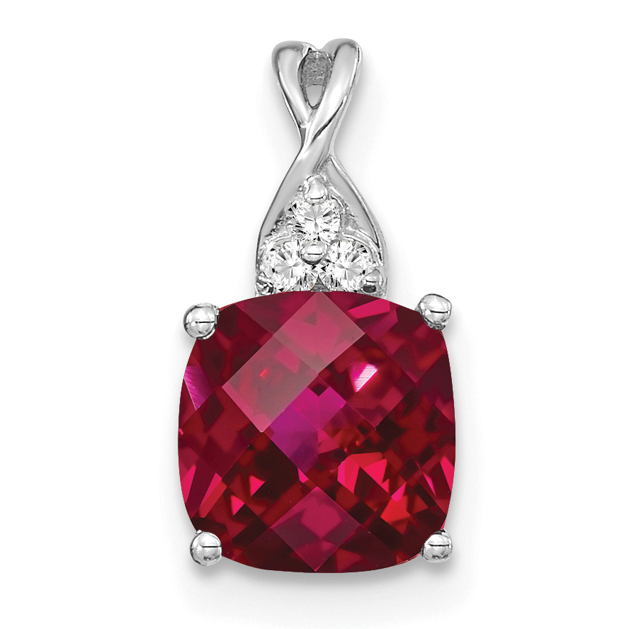 14K White Gold Checkerboard Created Ruby and Diamond Pendant (PM4393-CRU-003-WA)