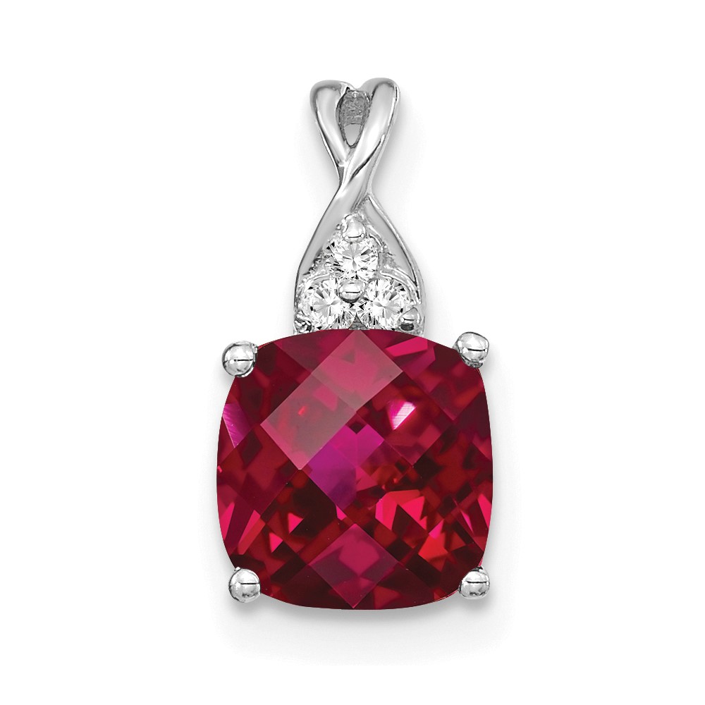 14K White Gold Checkerboard Created Ruby and Diamond Pendant (PM4393-CRU-003-WA)