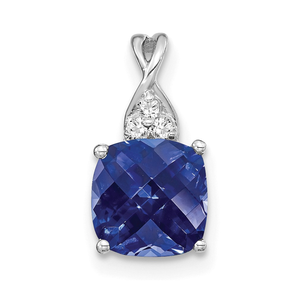 14K White Gold Checkerboard Created Sapphire and Diamond Pendant (PM4393-CSA-003-WA)