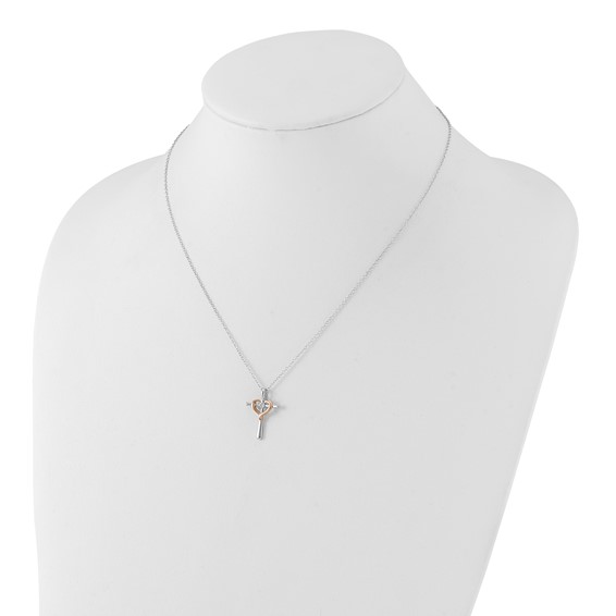 Sterling Silver w/ 10k Rose Accent Diamond Heart Cross Necklace