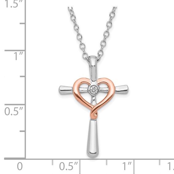 Sterling Silver w/ 10k Rose Accent Diamond Heart Cross Necklace