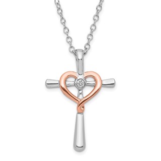 Sterling Silver w/ 10k Rose Accent Diamond Heart Cross Necklace