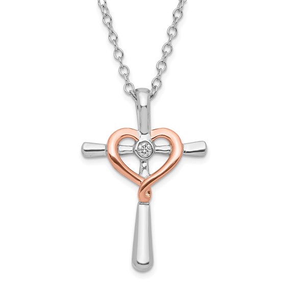 Sterling Silver w/ 10k Rose Accent Diamond Heart Cross Necklace