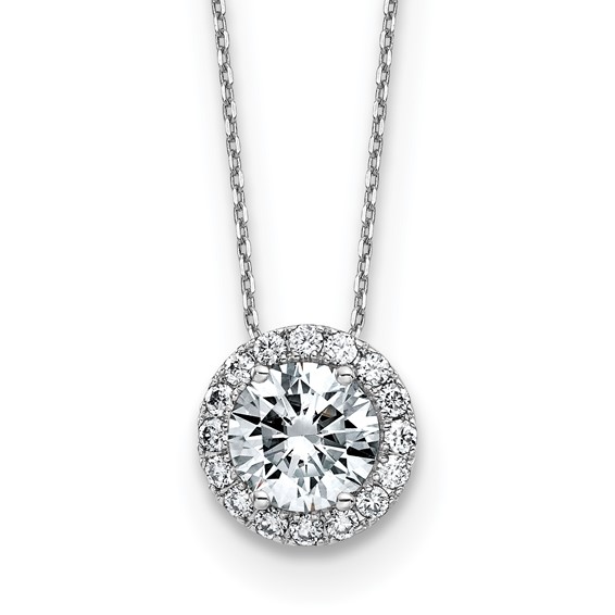 14k White Gold Round Halo Necklace D E F Pure Light Moissanite