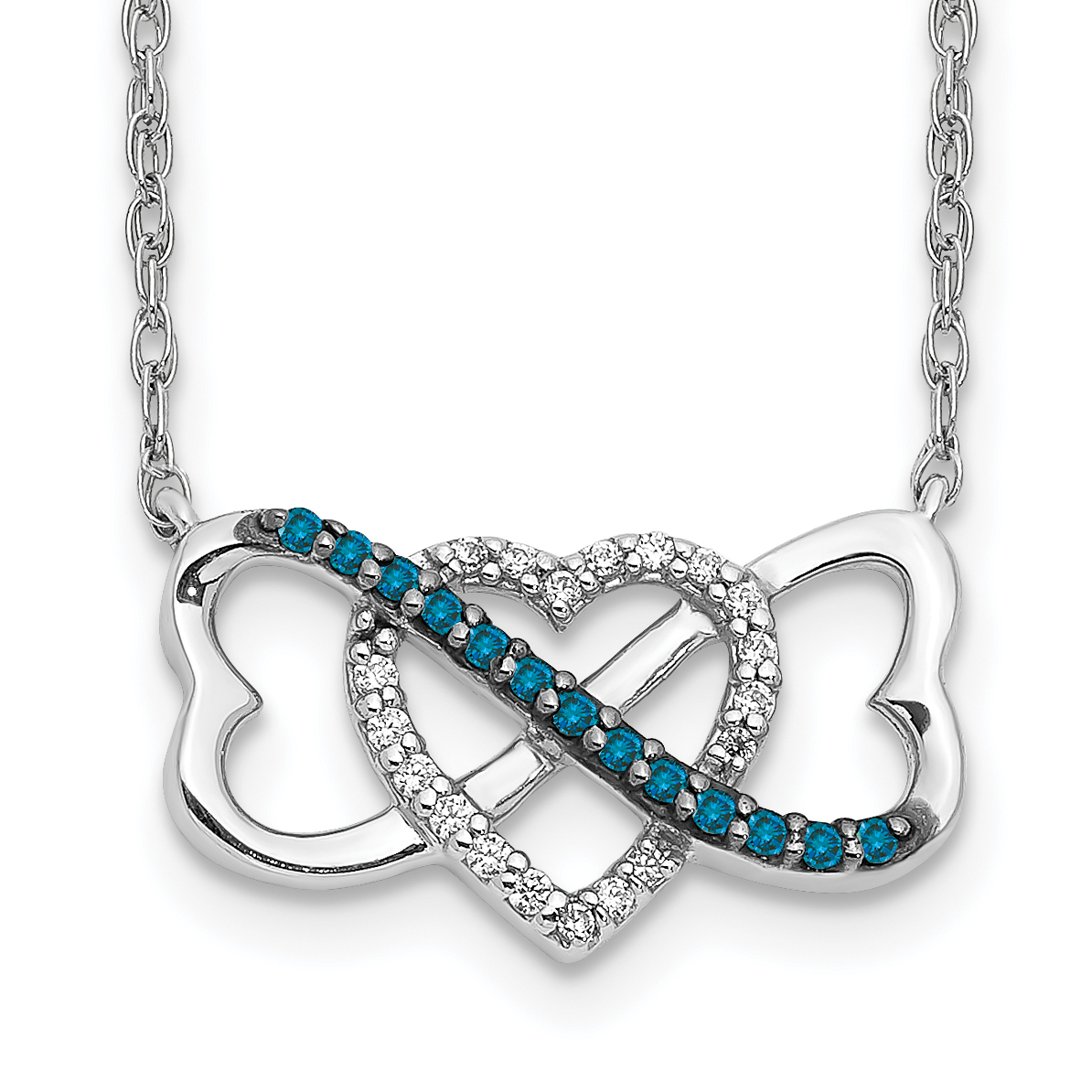 14k White Gold 1/10 carat Blue and White Diamond Heart Infinity 17 inch Necklace (PM4680-BD-010-WA)