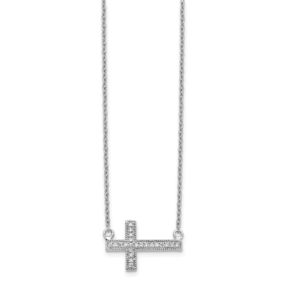 14k White Gold 1/10 carat Diamond Sideways Cross 18 inch Necklace
