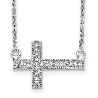 14k White Gold 1/10 carat Diamond Sideways Cross 18 inch Necklace