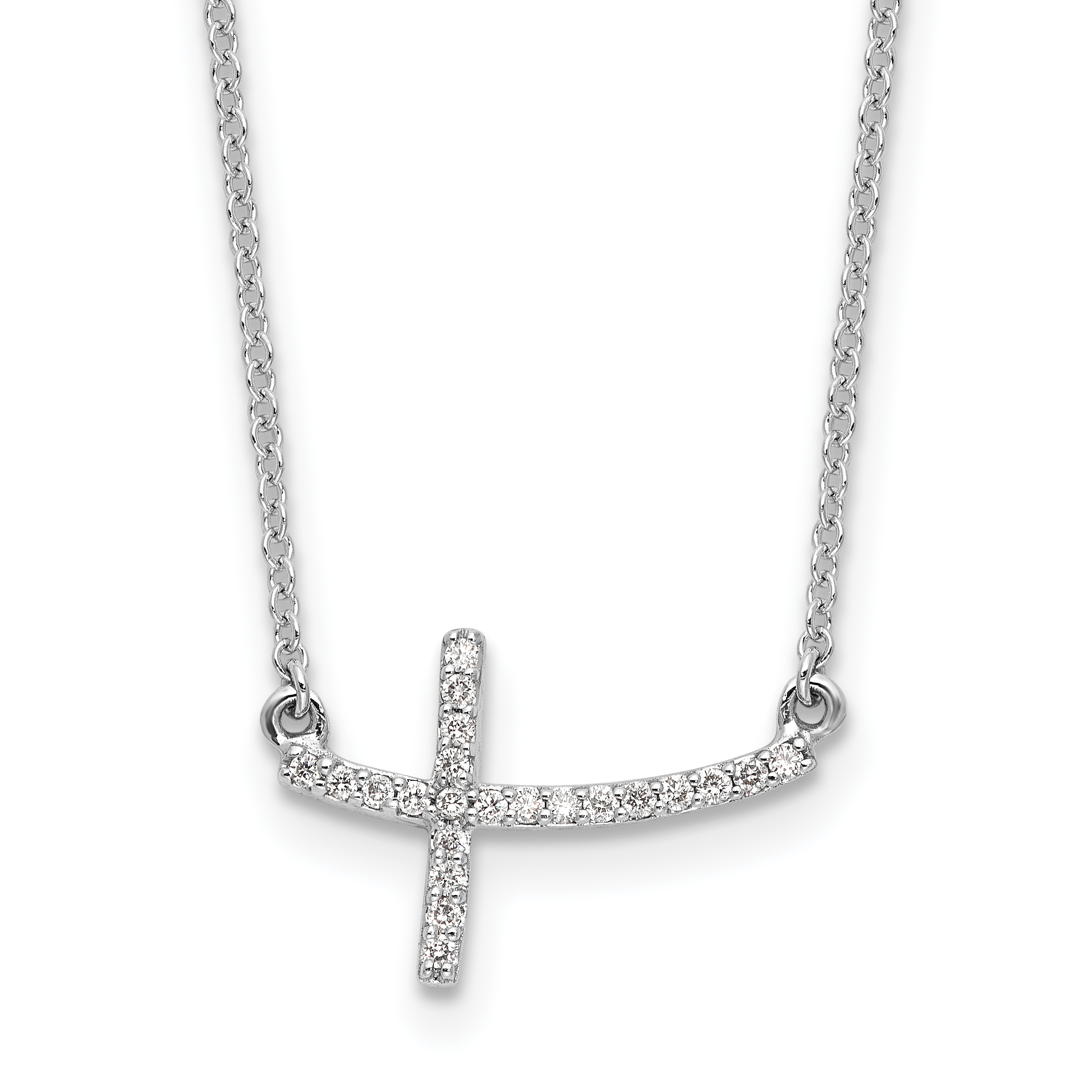 14k White Gold 1/10 carat Diamond Curved Sideways Cross 18 inch Necklace (PM4694-010-WA)