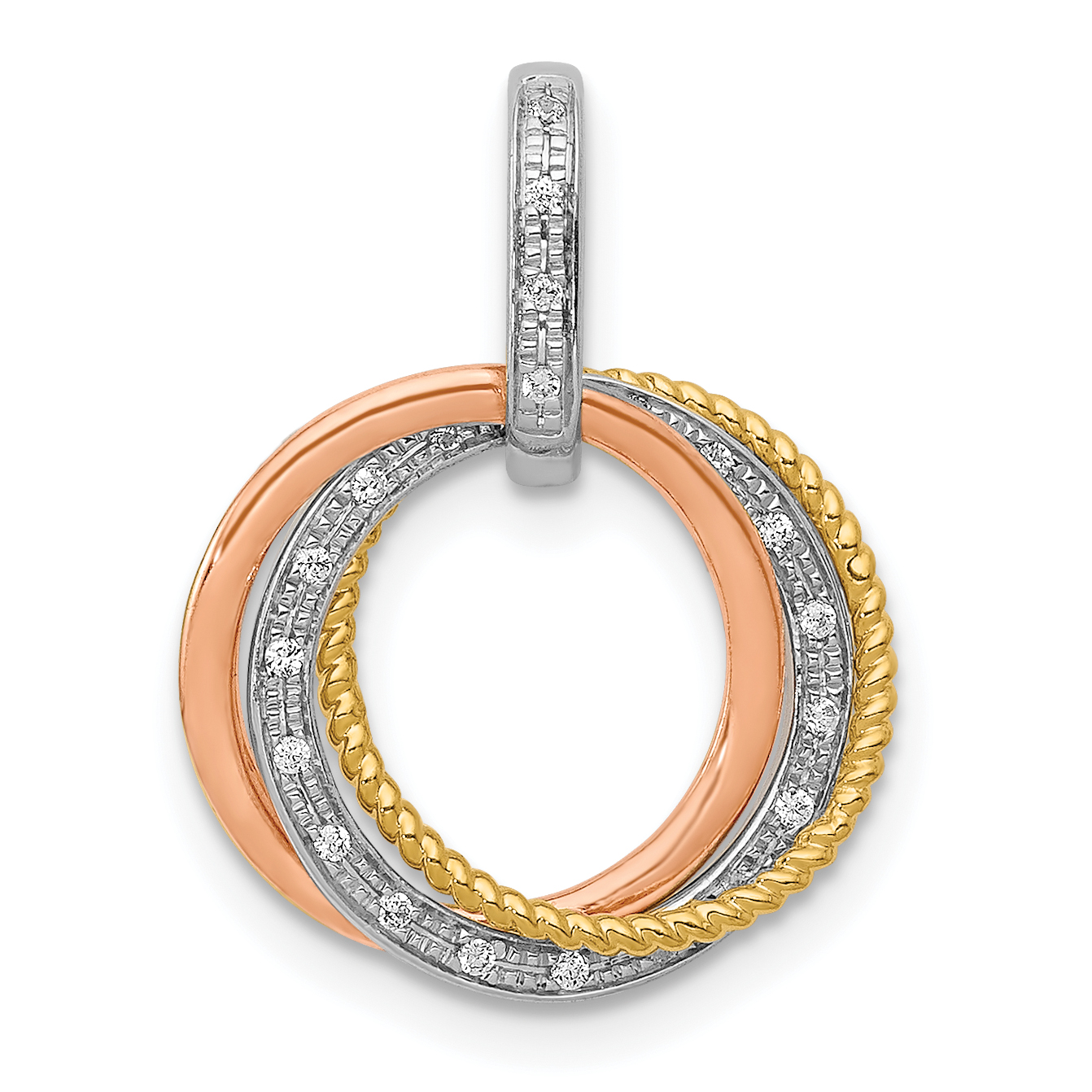 14k Tri-color 1/20 carat Diamond Three Intertwined Circles Pendant (PM4715-006-YWRA)