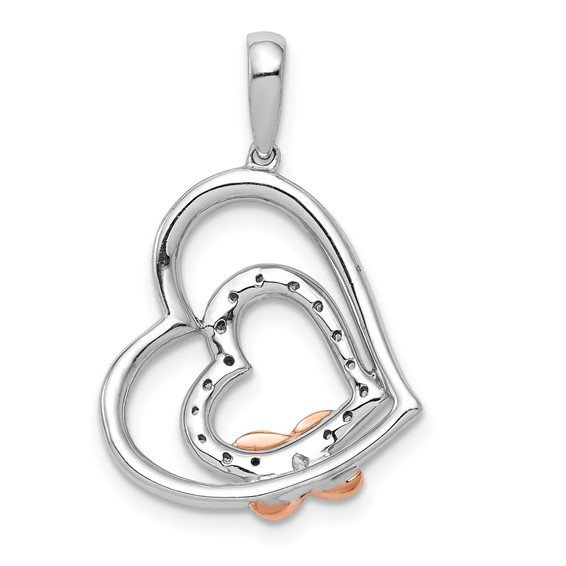 14k White and Rose Gold 1/15 carat Diamond Two Hearts and X Pendant