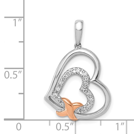 14k White and Rose Gold 1/15 carat Diamond Two Hearts and X Pendant