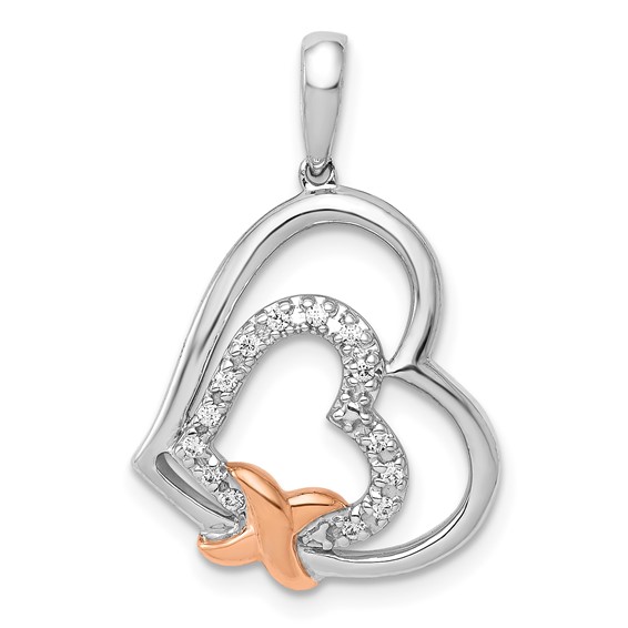 14k White and Rose Gold 1/15 carat Diamond Two Hearts and X Pendant