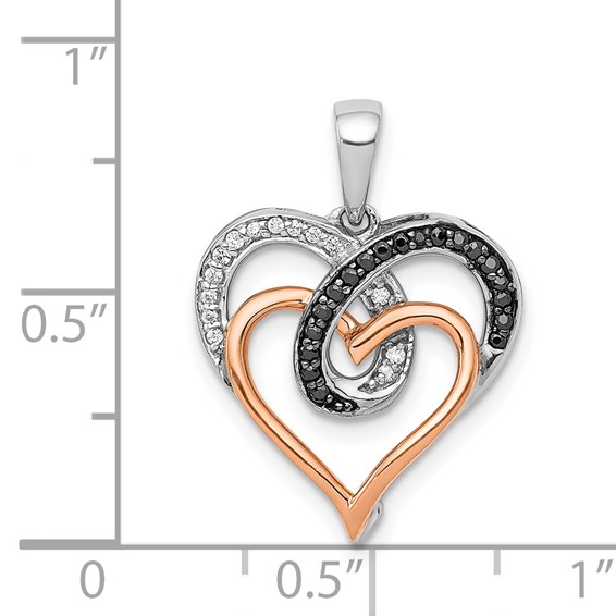 14k White and Rose Gold with Black Rhodium White and Black Diamond Hearts Pendant