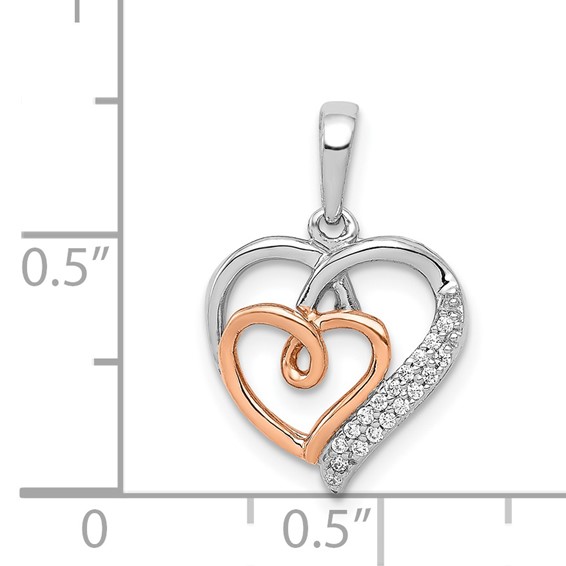 14k White and Rose Gold 1/20 carat Diamond Double Hearts Pendant