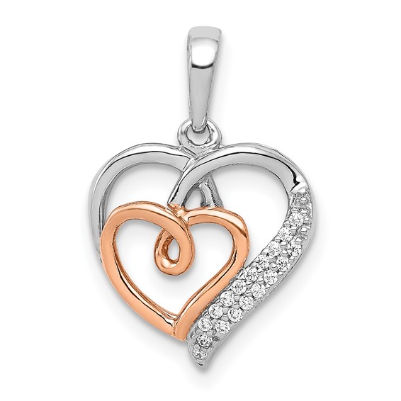 14k White and Rose Gold 1/20 carat Diamond Double Hearts Pendant