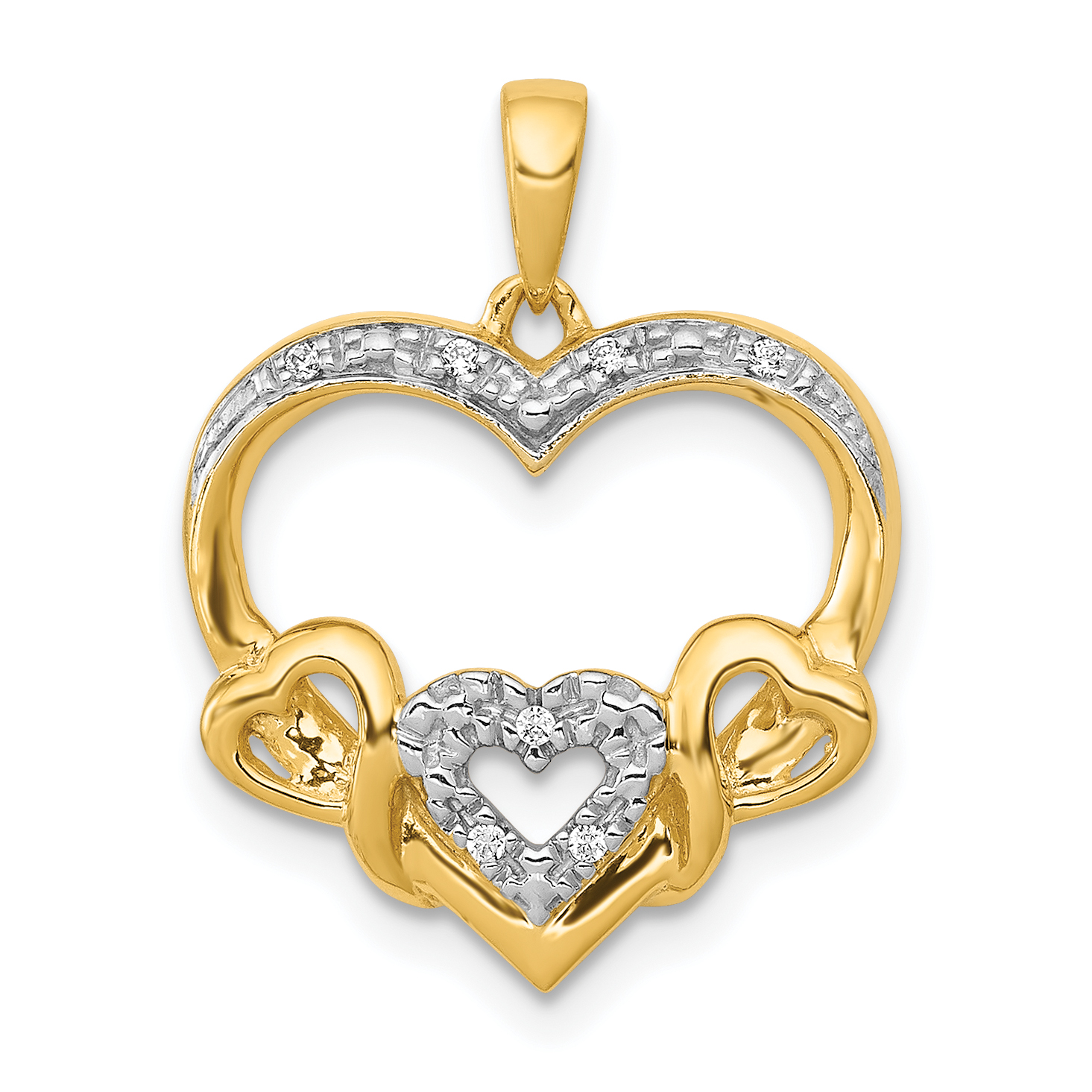 14k .03ct. Diamond and Rhodium Heart w/3 Smaller Hearts Pendant (PM4913-003-YA)