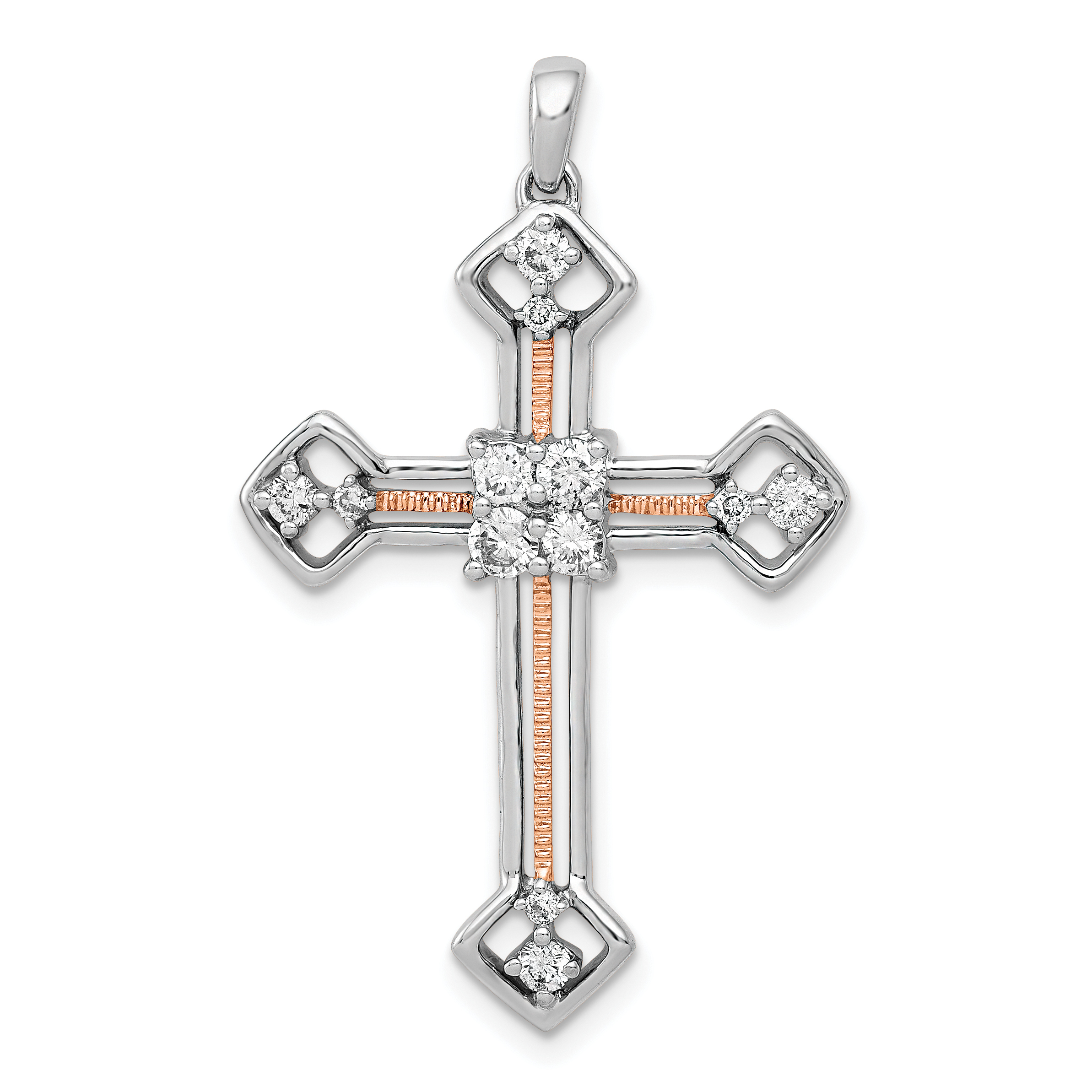 14k Two Tone Rose and White Gold 3/8 carat Lab Grown Diamond VS/SI+ G+ Complete Cross Pendant (PM5086-040-WRLG)