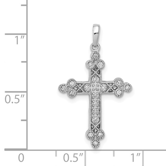 14k White Gold 1/10 carat Diamond Filigree Budded Cross Pendant