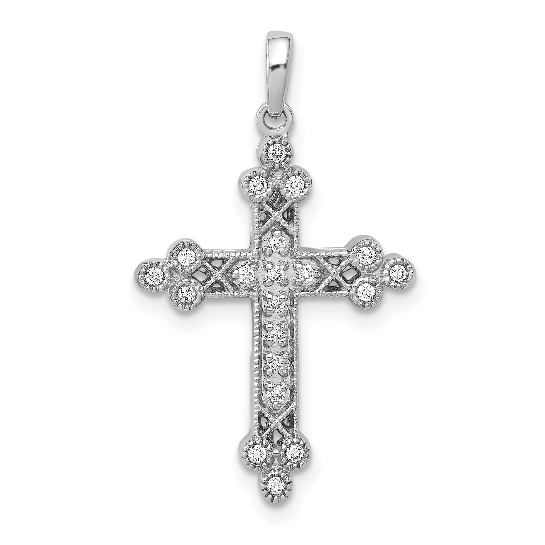 14k White Gold 1/10ct. Diamond Filigree Budded Cross Pendant (PM5092-010-WA)