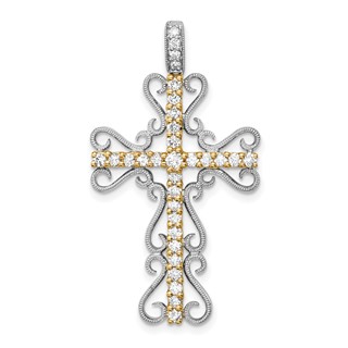 14k Two-tone 5/8 carat Diamond Filigree Cross Pendant