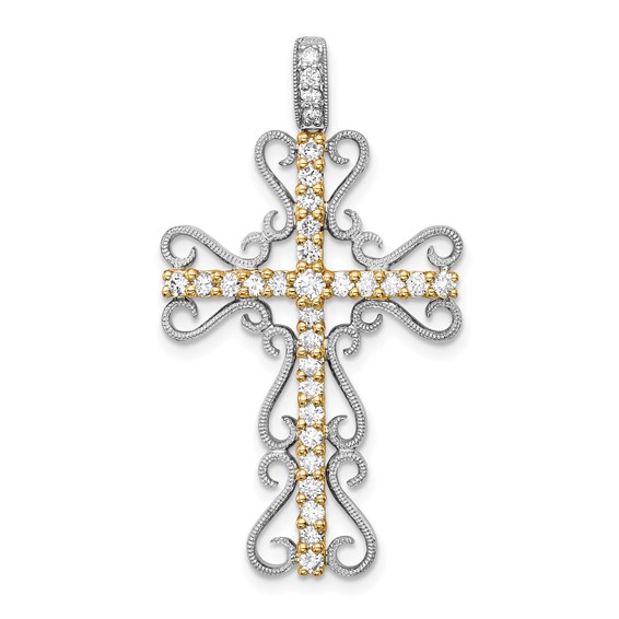 14k Two-tone 5/8 carat Diamond Filigree Cross Pendant