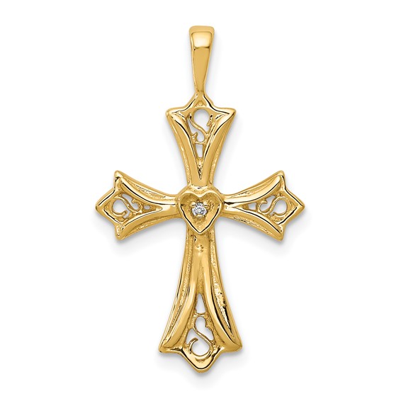 14k AA Diamond Cross with Heart Center Pendant