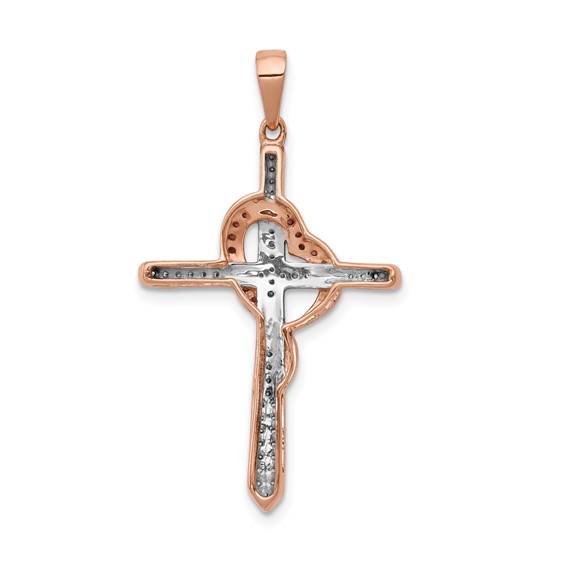 14k Rose Gold Red and White 1/4 carat Diamond Cross with Heart Pendant