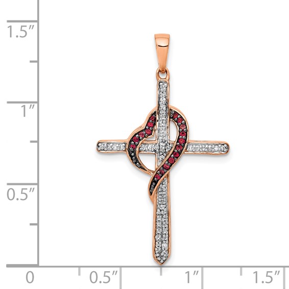 14k Rose Gold Red and White 1/4 carat Diamond Cross with Heart Pendant