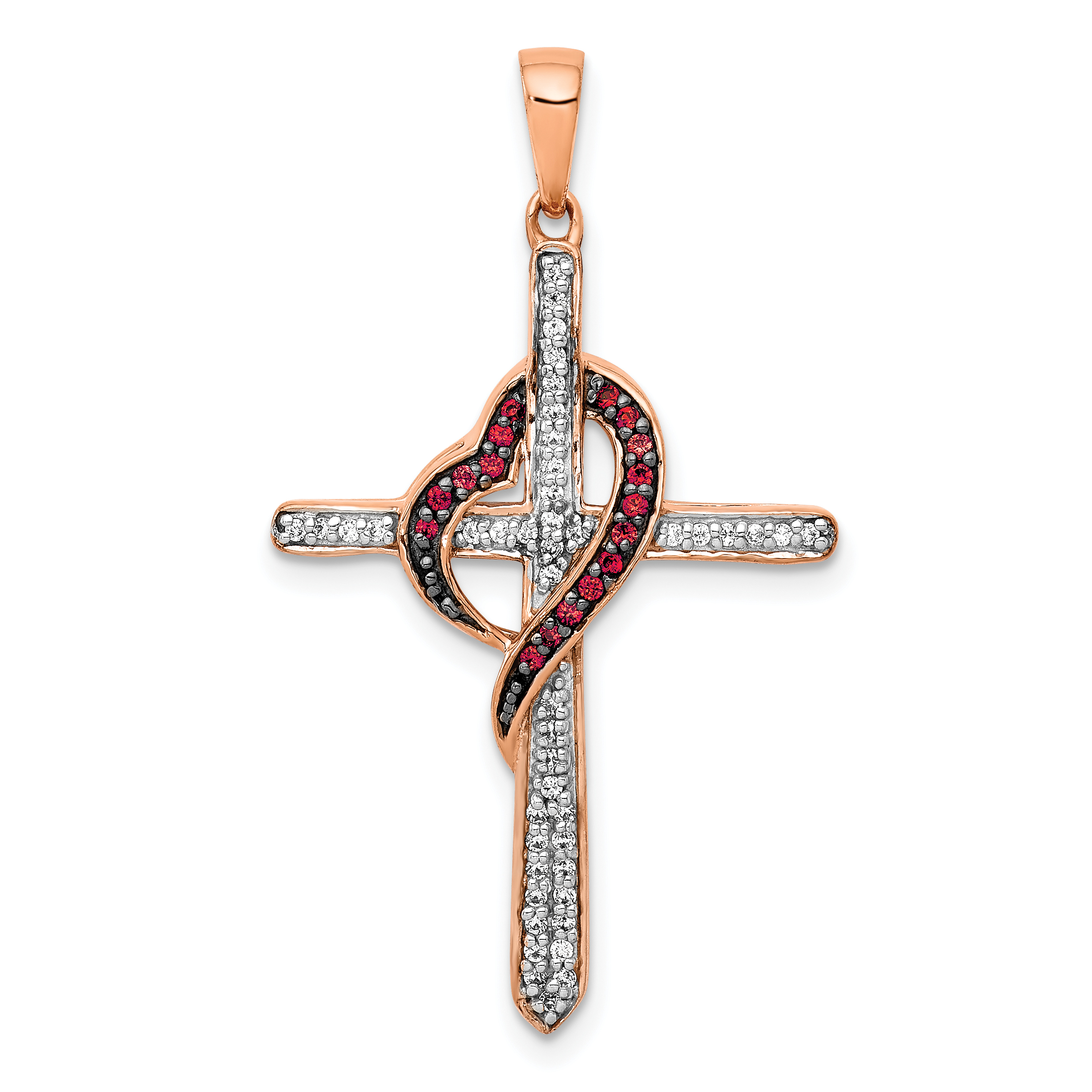 14k Rose Gold Red and White Diamond Cross w/Heart Pendant (PM5116-025-RA)