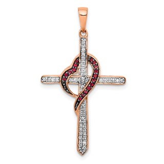 14k Rose Gold Red and White 1/4 carat Diamond Cross with Heart Pendant