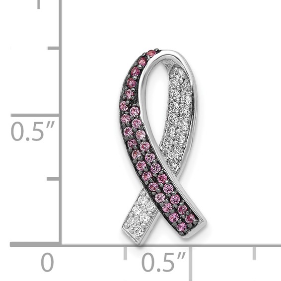 14k White Gold with Black Rhodium Diamond and Lab Created Pink Sapphire Awareness Ribbon Chain Slide
