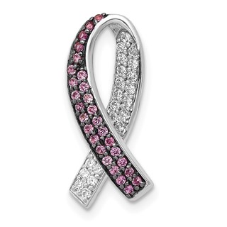14k White Gold with Black Rhodium Diamond and Lab Created Pink Sapphire Awareness Ribbon Chain Slide