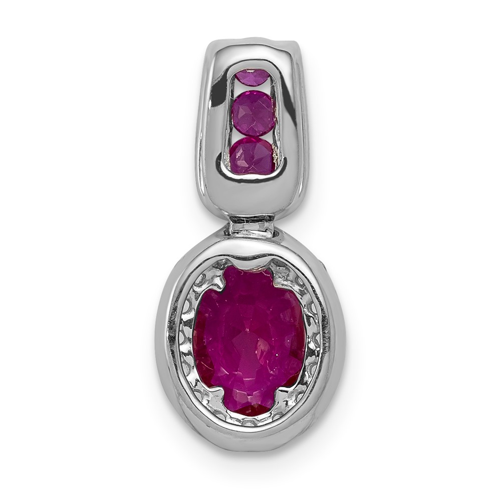 14k White Gold 1/5 carat Lab Grown Diamond VS/SI+ G+ and Lab Created Ruby Oval Halo Pendant (PM5260-CRU-020-WLG)